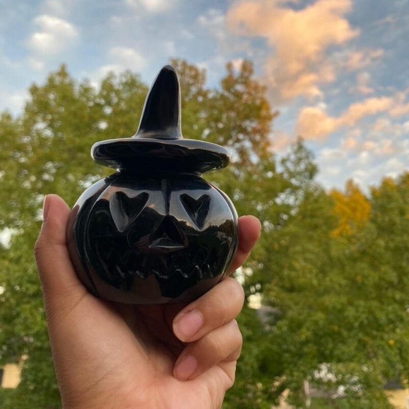Black Obsidian Crystal Pumpkin with witchy hat and heart eyes