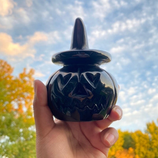 Black Obsidian Crystal Pumpkin with witchy hat and heart eyes
